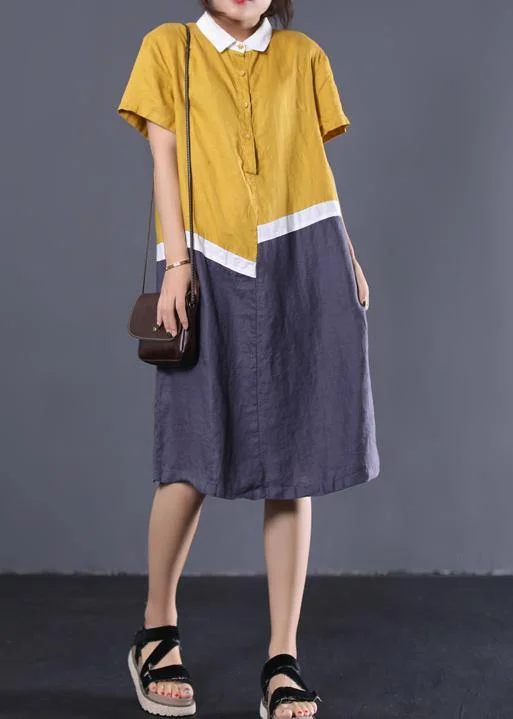 Trend Forward Women's Wear Modern asymmetric patchwork linen clothes Women Neckline yellow POLO collar cotton Dresses summer