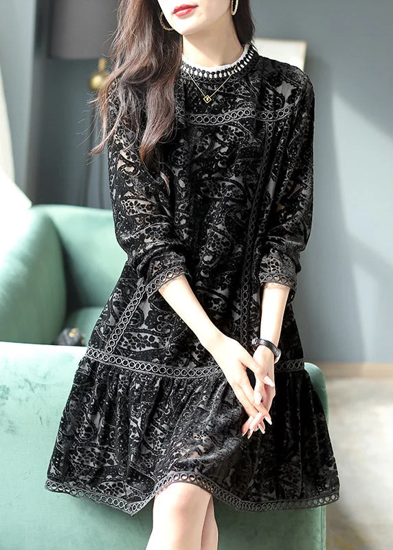 Women's Clothing Sale Women Black O-Neck Crochet Velour Pleated Dresses Long Sleeve