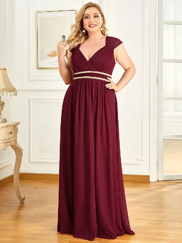 Ride The Style Wave Plus Size V-Neck Sleeveless Beaded Belt Chiffon A-Line Evening Dress