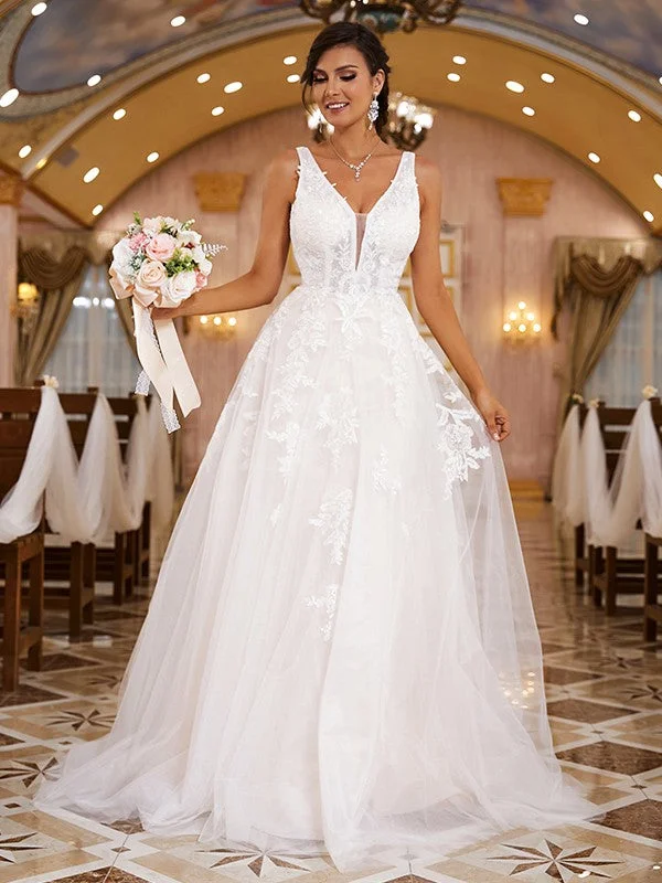 Sophisticated Style A-Line/Princess Lace Applique V-neck Sleeveless Sweep/Brush Train Wedding Dresses