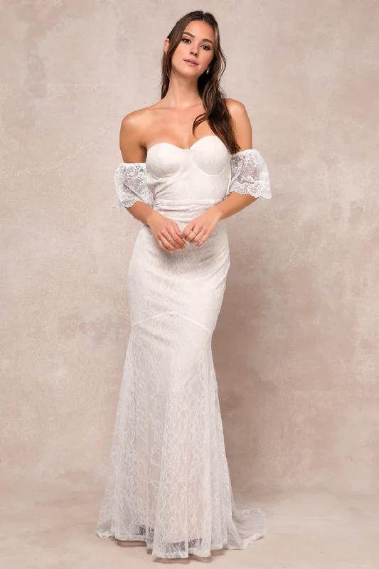 Women's Evening Wear Mermaid Ivory Lace Off-the-Shoulder Maxi Dress Chapel Train Wedding Dress