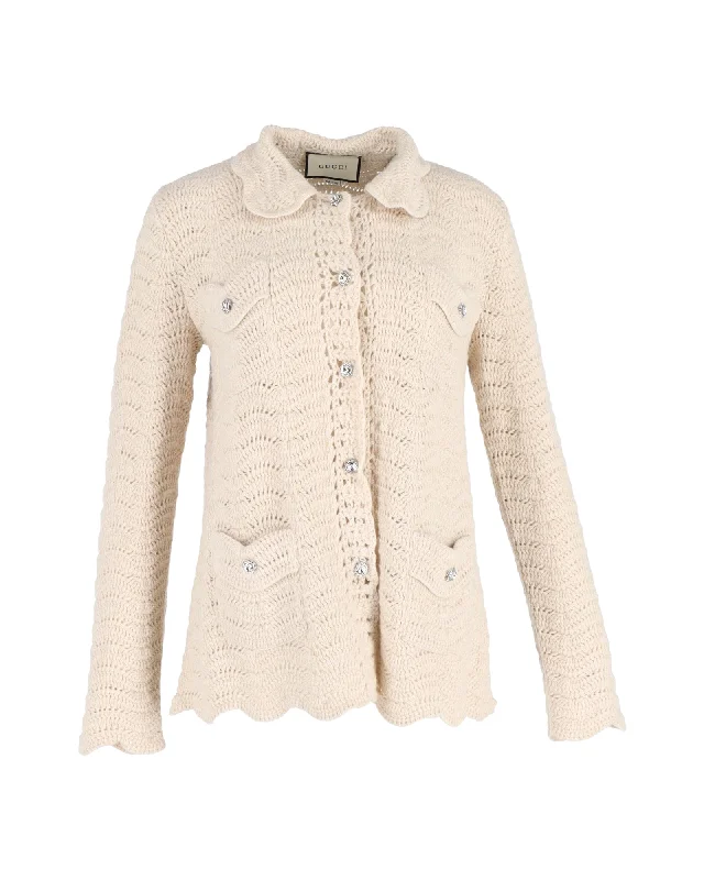 Chic Trend Collection Gucci Crystal-Button Crochet Cardigan In Cream Wool