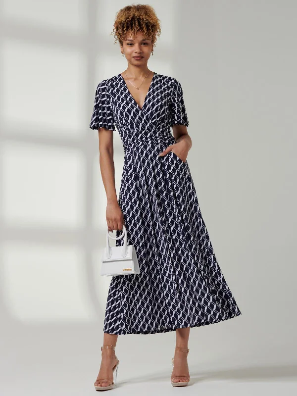 Step Ahead, Lead The Trend Jaylynn Flare Sleeve Jersey Maxi Dress, Navy Geo