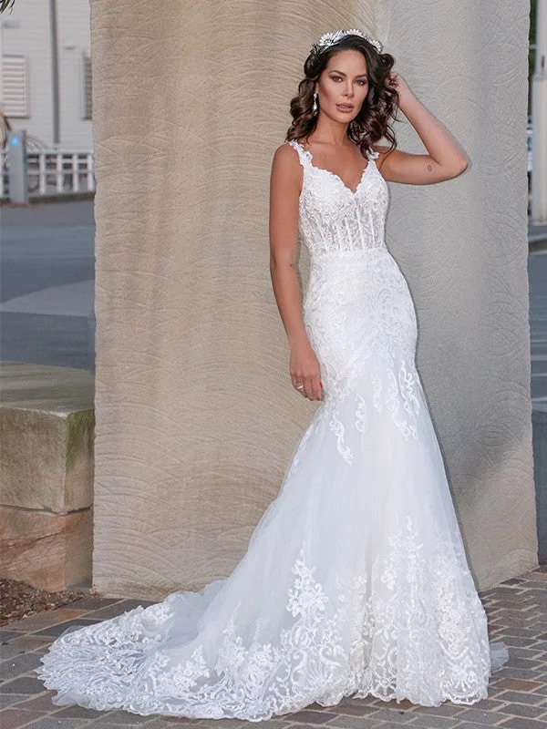 Eclectic Style Wardrobe Trumpet/Mermaid Tulle V-neck Sleeveless Applique Sweep/Brush Train Wedding Dresses