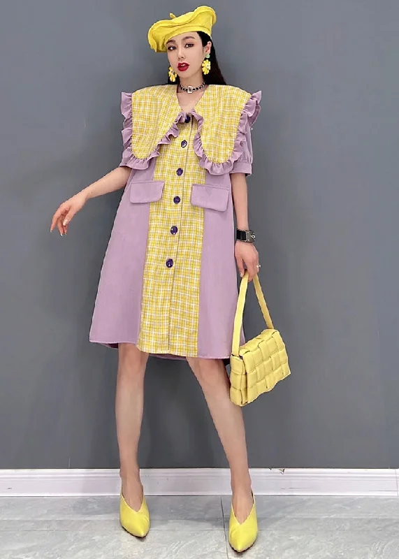 Discount Price Style Yellow Peter Pan Collar Ruffles Patchwork Plaid Chiffon Vacation Dress Short Sleeve