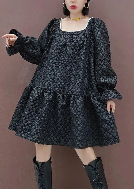 Clothes For Women French Square Collar Patchwork Spring Tunic Sewing Black Flower Dress