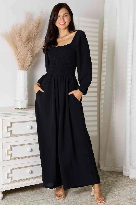 Street Style Fashion Black Square Neck Jumpsuit with Pockets