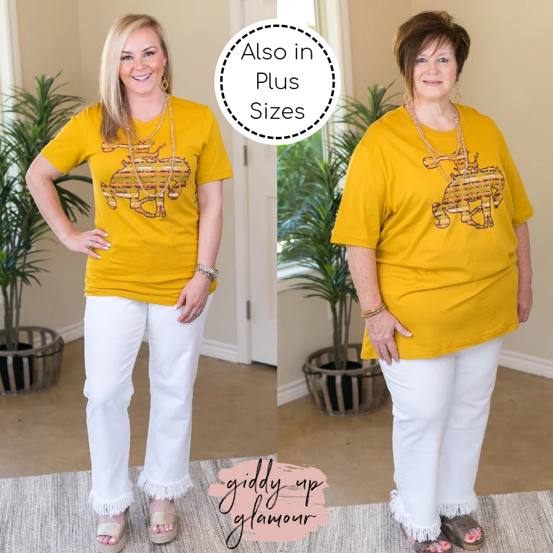 Chic & Cozy Collection Ain't My First Rodeo Aztec Print Saddle Bronc Short Sleeve Tee Shirt in Mustard Yellow