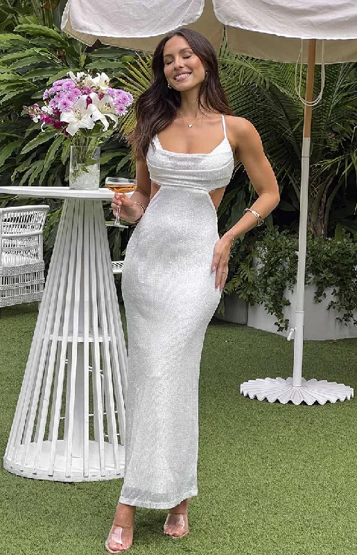 Versatile Wardrobe Essentials Taleah White Sequin Cut Out Maxi Dress