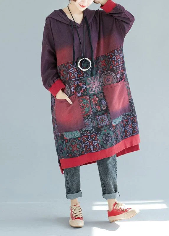 Fresh Styles, Fresh Deals Women Mulberry Hooded Pockets Patchwork Print Fall Sweatshirts Dress