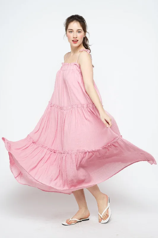 Shop Ladies Clothes PINK SELF-TIE SPAGHETTI STRAP RUFFLED SWING MAXI DRESS MDR8421