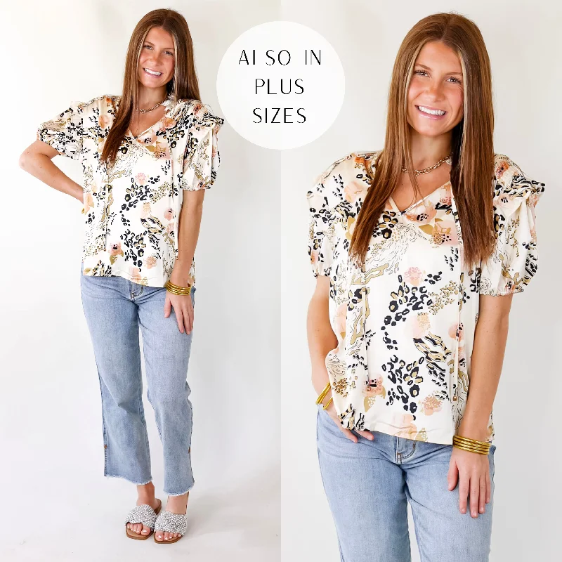 Early Bird Offer One And Only Mix Print Satin Blouse with Keyhole Front in Ivory