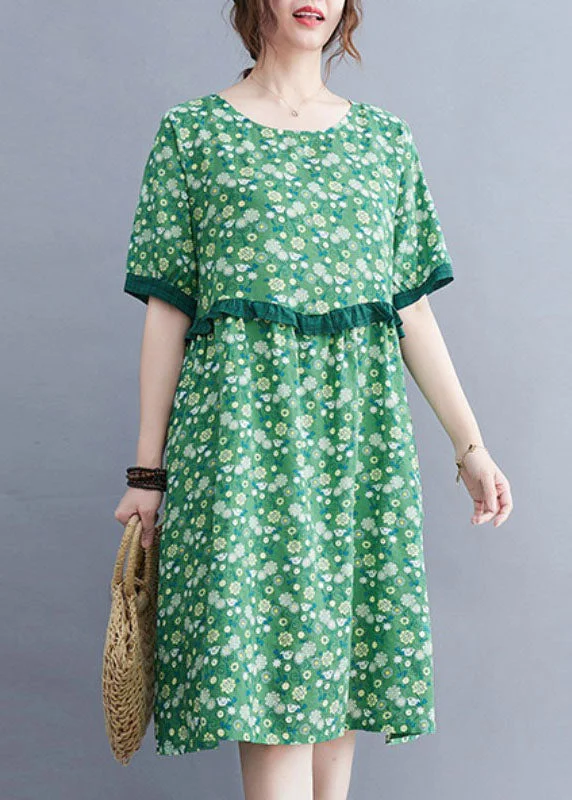 Elegant Styles Art Green O-Neck Print Patchwork Ruffles Cotton Linen Mid Dresses Short Sleeve