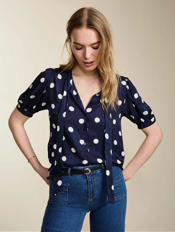 You'Ll Love Us Because Violette Satin Blouse | Navy Big Polka