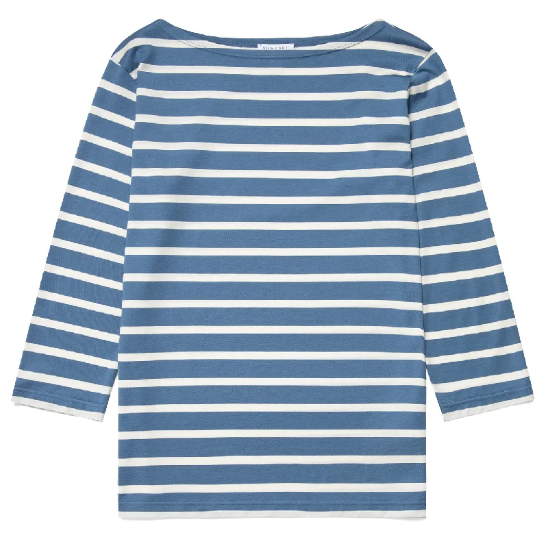 Online Boutiques Clothing Sunspel Womens 3/4 Sleeve Boat Neck T-Shirt Bluestone / Ecru Breton Stripe