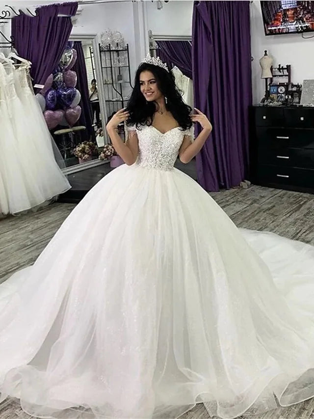 Luxury Women's Clothing Engagement Formal Wedding Dresses Court Train Ball Gown Short Sleeve Off Shoulder Lace With Lace Appliques