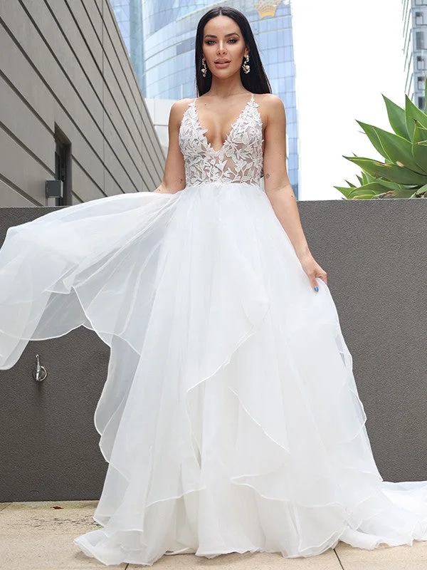 Fashion Forward Femme A-Line/Princess Lace Ruffles V-neck Sleeveless Sweep/Brush Train Wedding Dresses