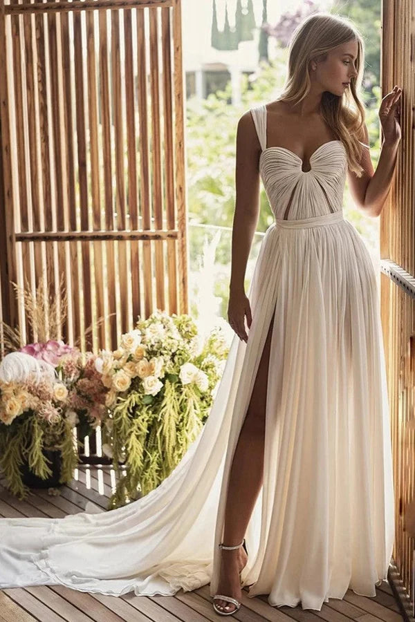 Free Spirited Fashion A-Line Long Chiffon Sweetheart Wedding Dresses Sweep/Brush Train Dresses