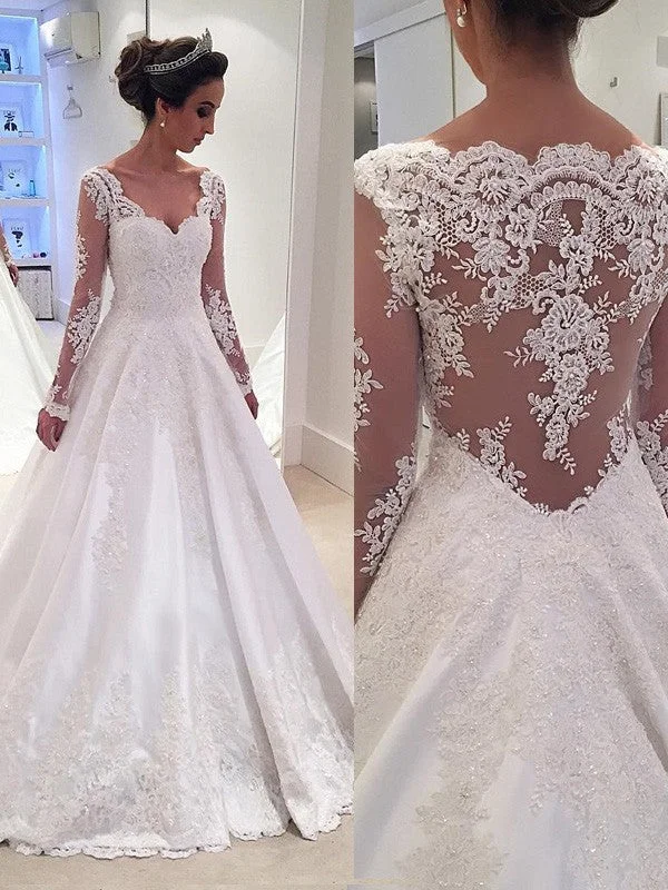 Elegant Simplicity Wardrobe Ball Gown V-neck Long Sleeves Lace Court Train Satin Wedding Dresses