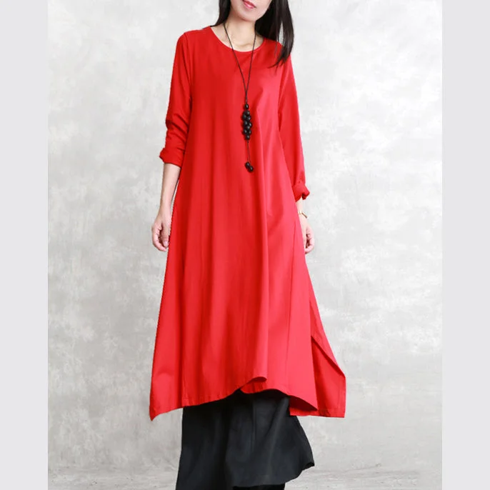 Effortless Style, Endless Impact New red fall dress trendy plus size O neck asymmetrical design traveling clothing fine long sleeve side open maxi dresses