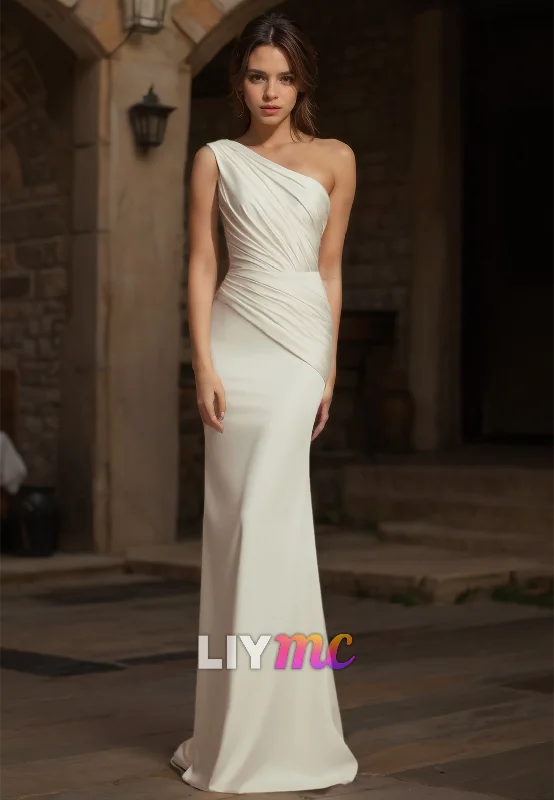 End Of Season Sale One Shoulder Sleeveless Pleated Ruched Mermaid Satin Wedding Dress