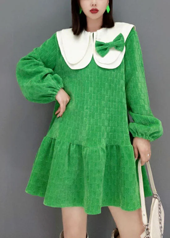 Workwear Fashion for Women Cute Green Peter Pan Collar Bow Plaid Velour Dresses Spring