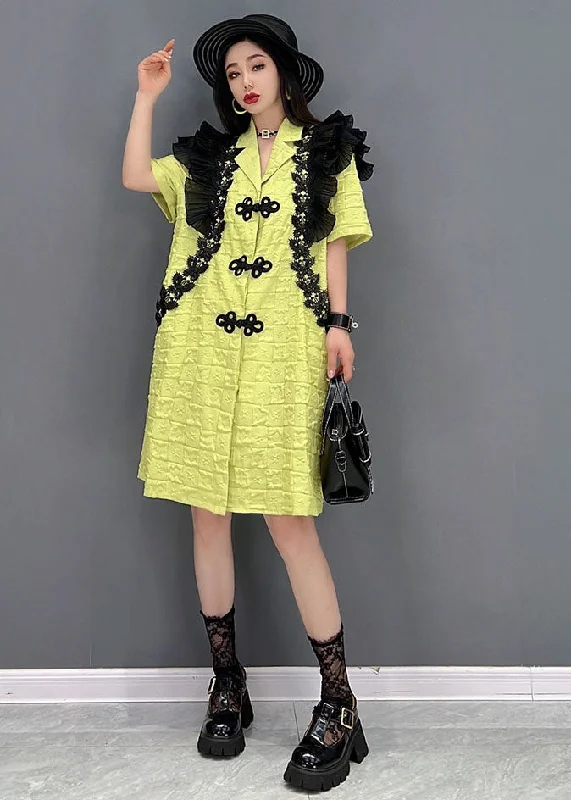 Sophisticated Style Fashion Green Notched Collar Patchwork Ruffles Oriental Button Mid Dresses Short Sleeve