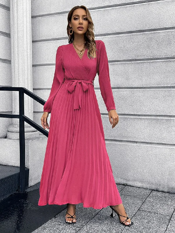 Everyday Wear FashionSierra - Pleated Full Sleeve V-neck High Waist Sashes Dress