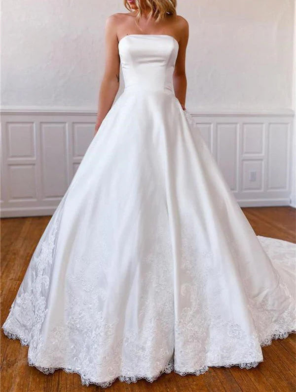 Valentine's Special A-Line Strapless Satin Sweep Train Lace Appliques Wedding Dresses With Pockets