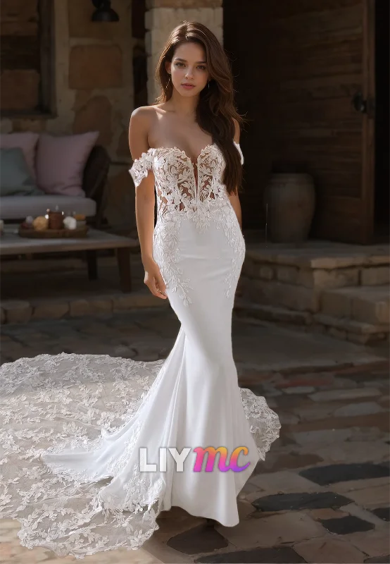 Snag Fabulous Fashion Bargains Off-Shoulder Strapless Lace Appliques Sleek Mermaid Wedding Dress