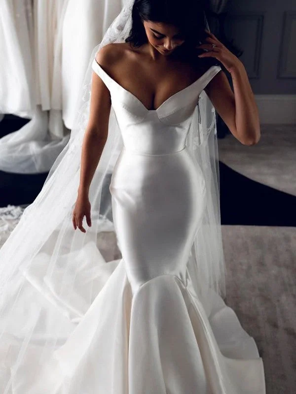 Trend Setting Threads Trumpet/Mermaid Satin Ruffles Off-the-Shoulder Sleeveless Sweep/Brush Train Wedding Dresses