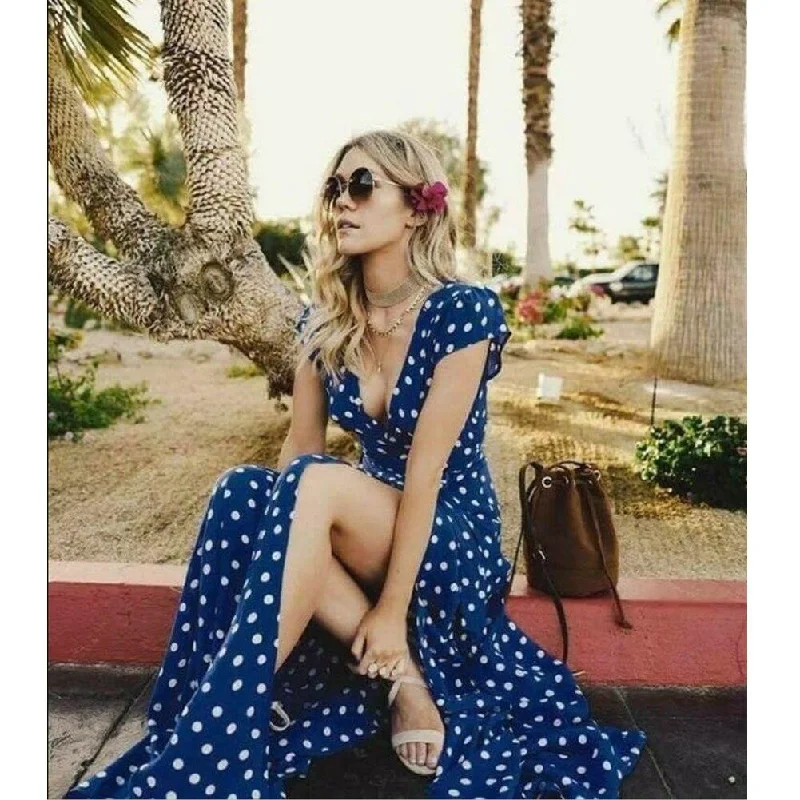 Elegant Clothing FashionSierra - Women Wrap Summer Boho Polka Dot Maxi Dress Casual Ladies Short Sleeve V Neck Holiday Beach Long Sundress Plus Size