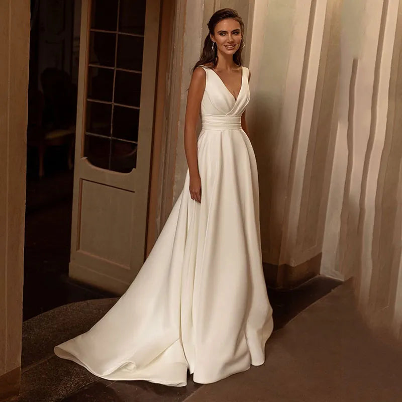 Women's Clothes for All-Day Comfort and Style Satin Wedding Dresses A Line V Neck Bride Dress Classic Sleeveless Elegant Floor Length Wedding Gowns