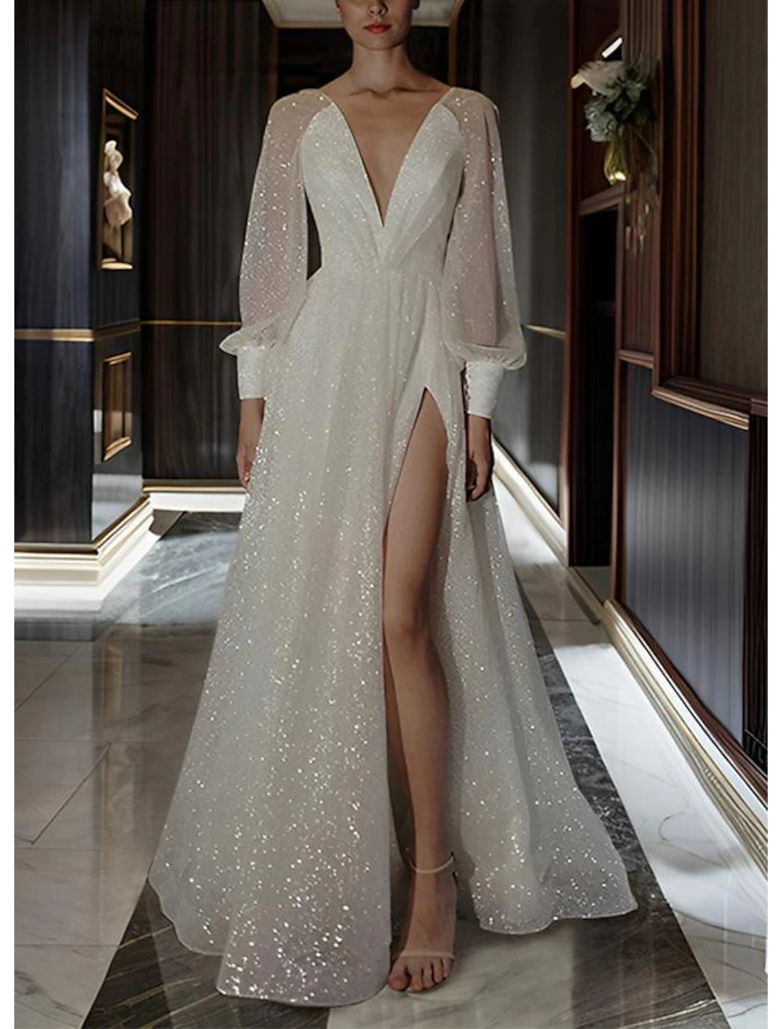 Crazy Discounts, Hurry Up Beach A-Line V Neck Long Sleeve Floor Length Sequined Wedding Dresses Bridal Gowns