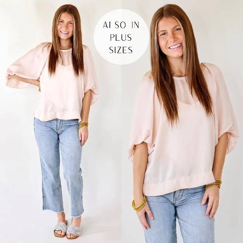 Affordable Women's Clothing Online Flash A Smile Half Balloon Sleeve Satin Blouse in Champagne