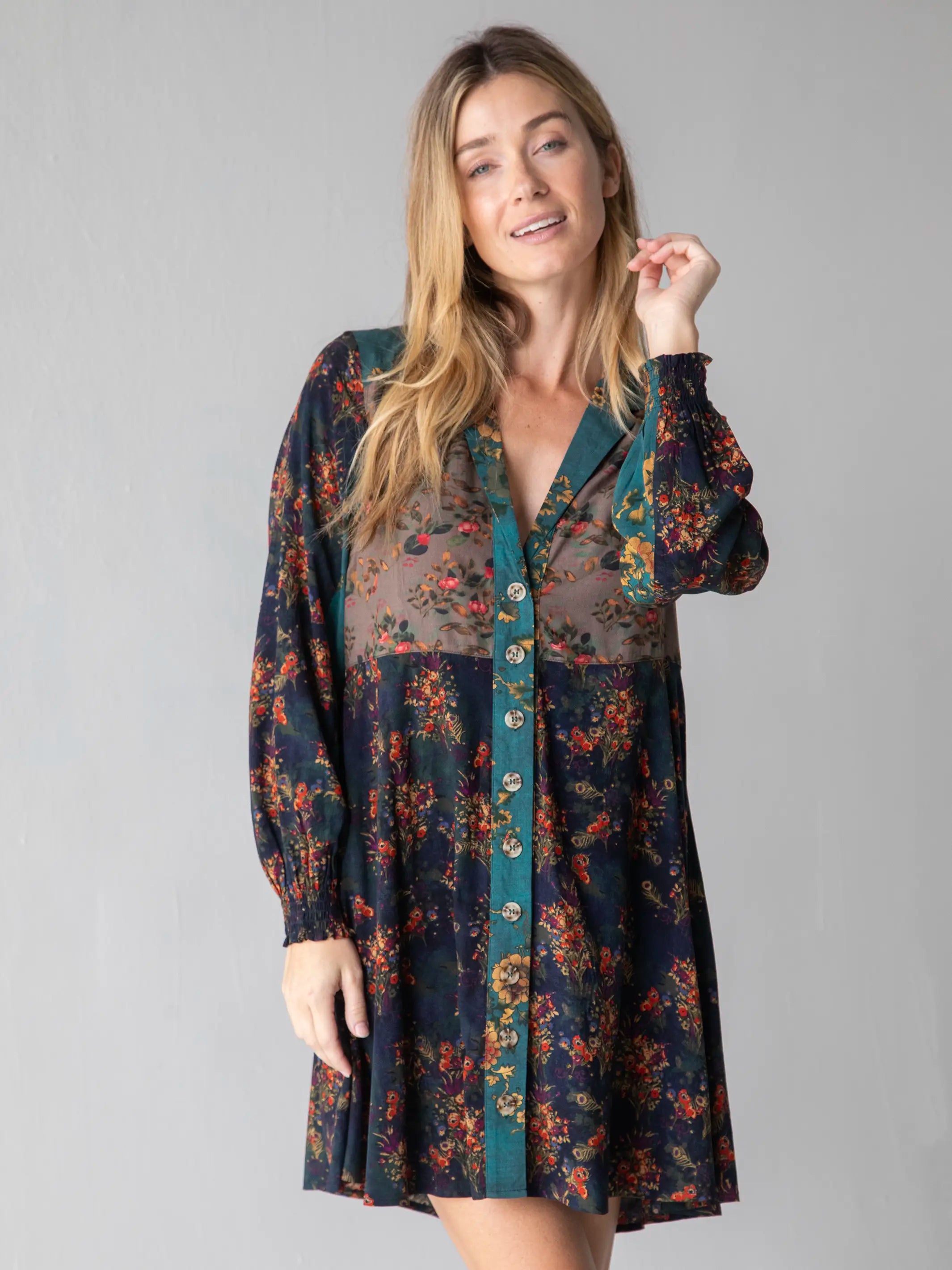 Online Boutiques Clothing Ansley Woven Tunic Shirt Dress - Grey Navy Teal Mix Floral