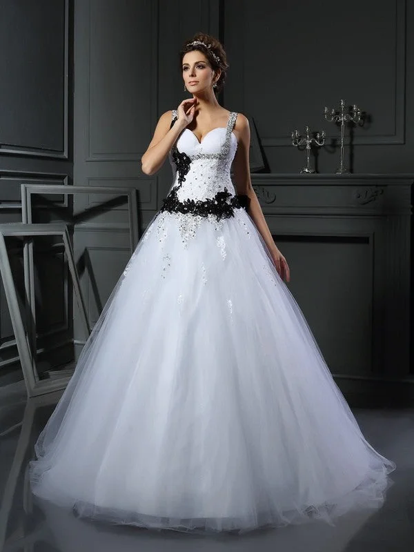 Trendy Urban Attire Ball Gown Straps Beading Sleeveless Long Tulle Wedding Dresses