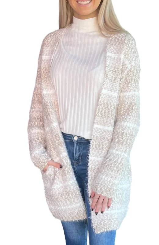 Best Online Boutiques Long Striped Eyelash Knit Cardigan In Beige