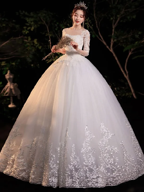 Timeless Women's Fashion Styles Engagement Formal Wedding Dresses Floor Length Princess Half Sleeve Jewel Neck Lace With Appliques