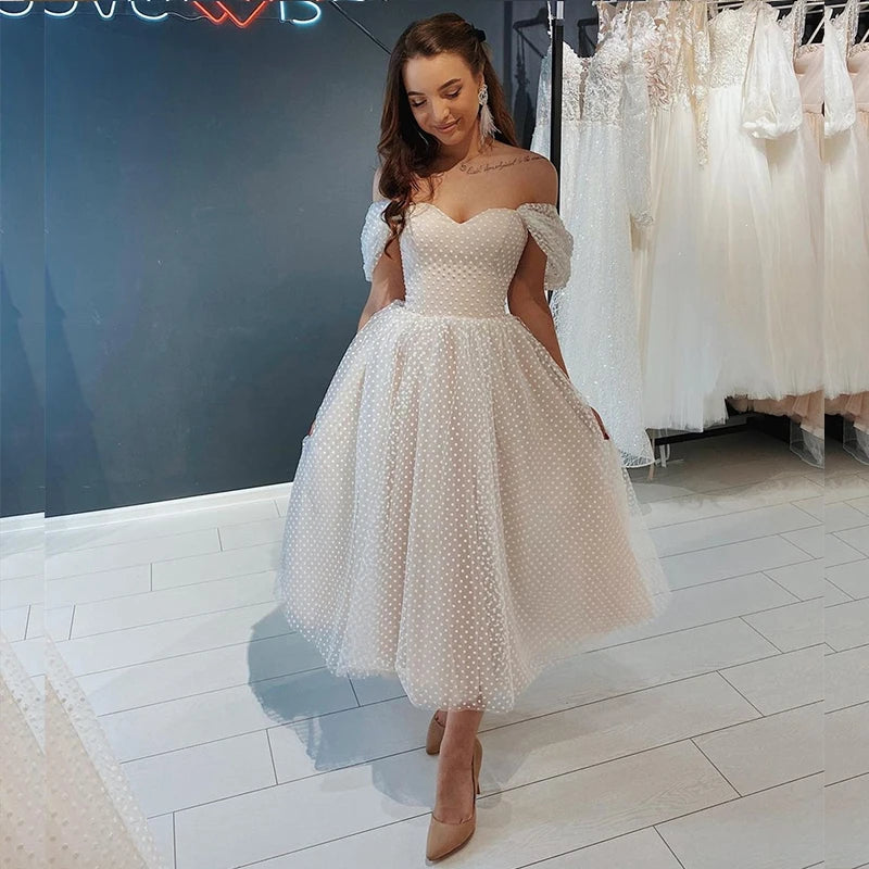 New Arrivals LSYX Short Wedding Dress 2023 Off Shoulder Ankle Length Point Tulle Bridal Gown Gorgeous Brides Tulle Robe De Mariee Graceful