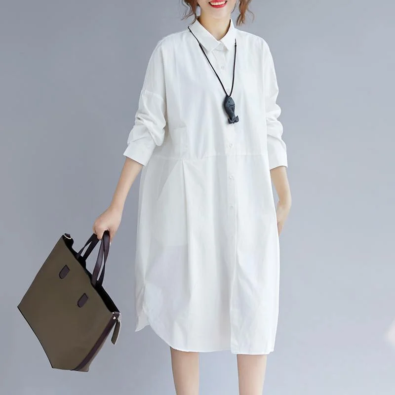 Unbeatable Prices 2018 white cotton shirt dress plus size traveling clothing casual long sleeve pockets side open Turn-down Collar cotton shirt dress