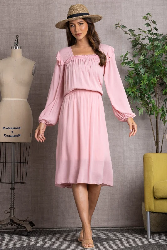 Trendy And Individual Women's Fashion MAUVE SQUARE NECKLINE BISHOP SLEEVES MIDI DRESS-LD3824