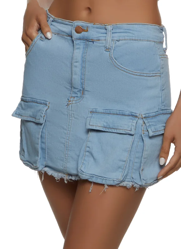 Women Fashion Frayed Hem Cargo Pocket Mini Skirt