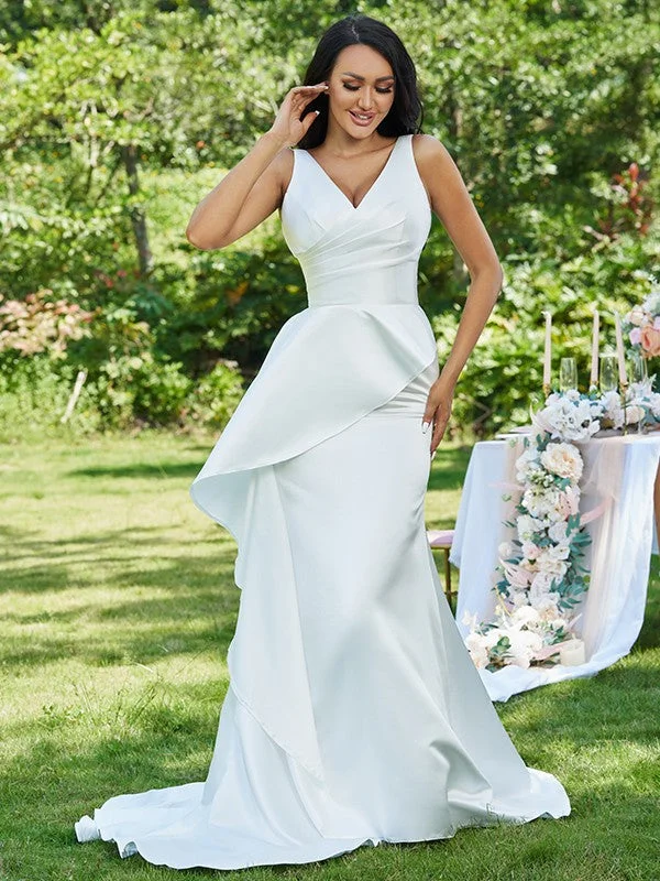 Vibrant Styles Sheath/Column Satin Ruffles V-neck Sleeveless Sweep/Brush Train Wedding Dresses