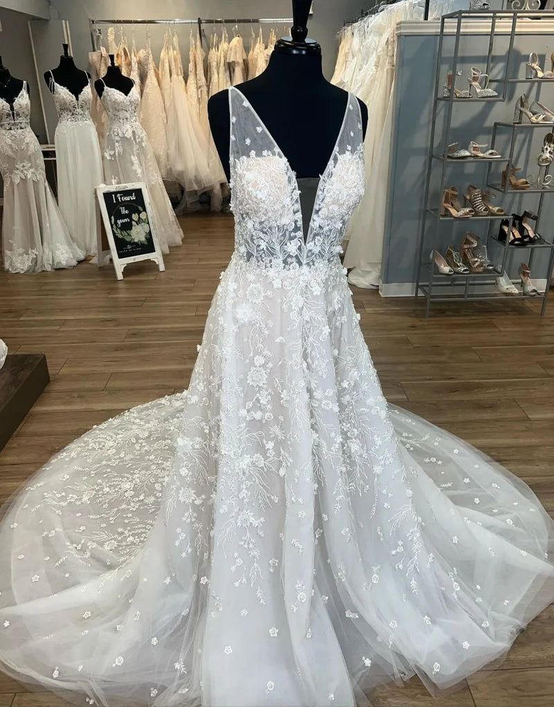 Exclusive Sale Gorgeous A-Line Deep V-Neck Open Back Chapel Train Wedding Dress