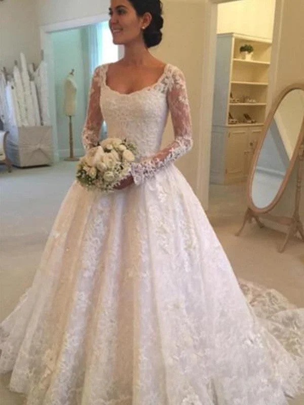 Exclusive Sale Ball Gown Long Sleeves Scoop Cathedral Train Ruffles Lace Wedding Dresses