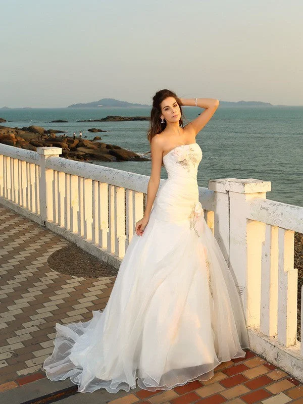 Mega Sale Ball Gown Strapless Hand-Made Flower Sleeveless Long Satin Beach Wedding Dresses