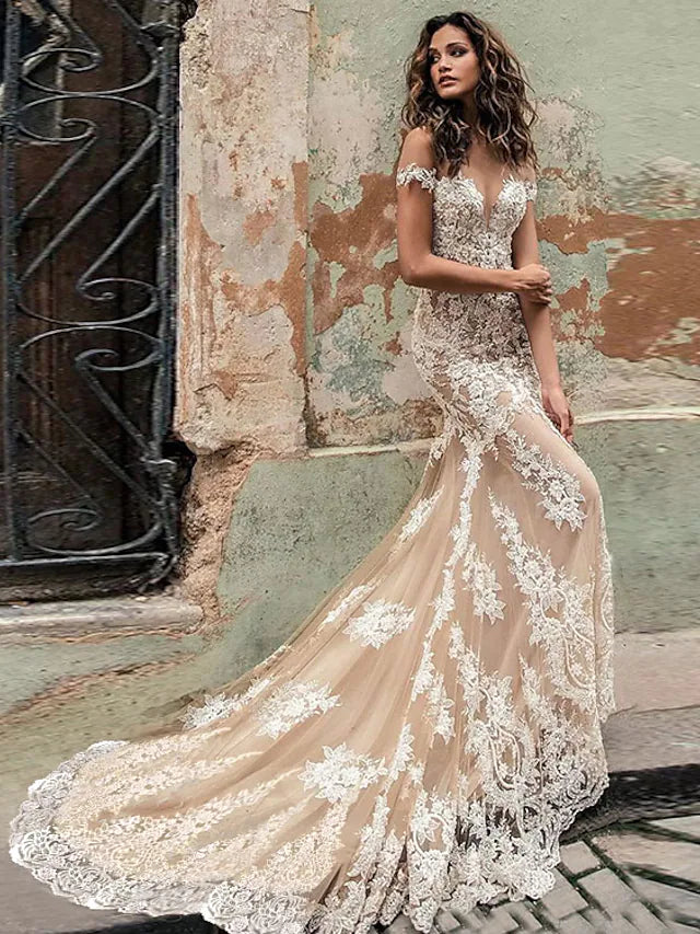 Fashion Forward Wedding Dresses in Color Formal Wedding Dresses Trumpet Cap Sleeve Off Shoulder Lace With Appliques