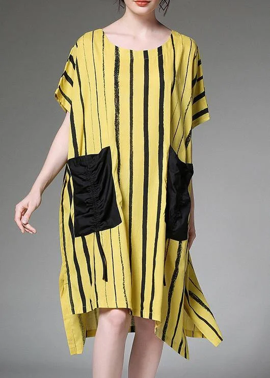 Sophisticated Fashion Women linen Plus Size dress Vintage yellow Striped Print Summer Dresses