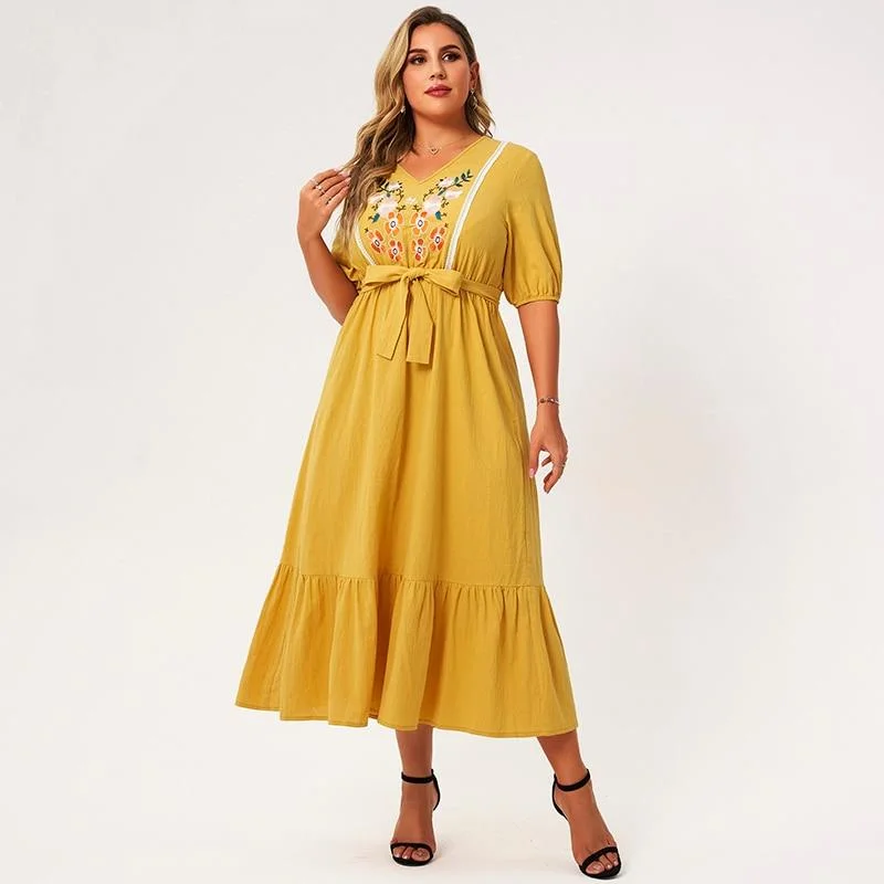 Limited Stock, Big Discounts FashionSierra - New Summer Midi Dress Women Plus Size Yellow Loose Floral Embroidery Sashes Lace Ruffle Hem Half Sleeve Large Elegant Robes